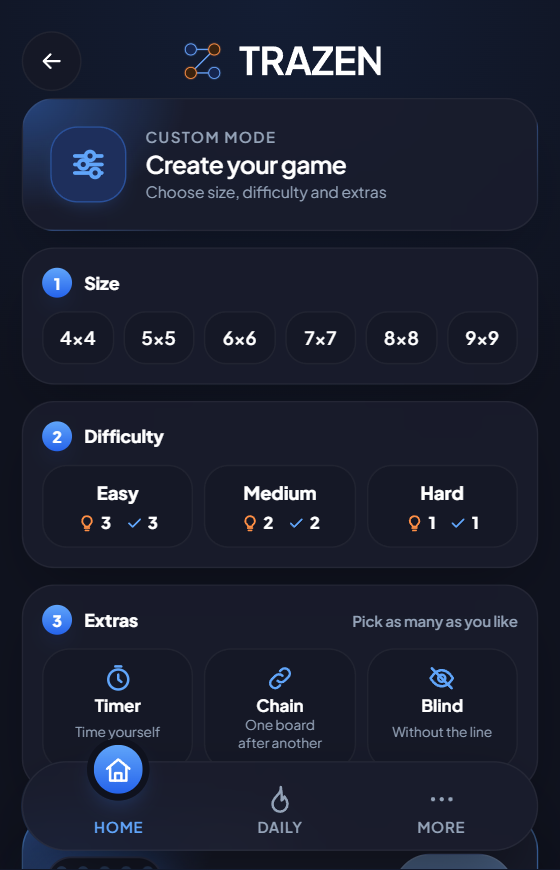 Custom mode: size, difficulty and extras